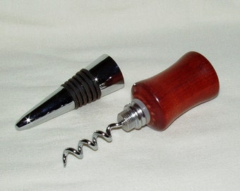 Bottle Stopper-Corkscrew #1, Artisan Handcrafted Handle in South African Bloodwood, Chrome,  Gift, Any Occasion, Men, Women, Holiday