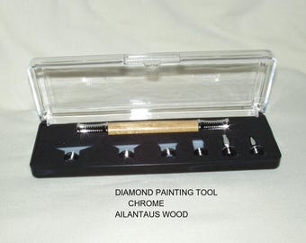 Diamond Painting Tool Set,  Handcrafted Handle in Ailanthus wood, Chrome Trim, Square & Round Diamond Metal Tips, Storage Case