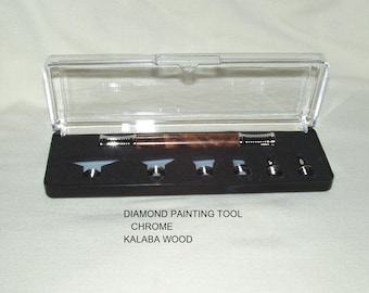 Diamond Painting Tool Set,  Handcrafted Handle in Kalaba wood, Chrome Trim, Square & Round Diamond Metal Tips, Storage Case