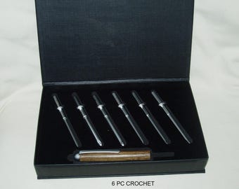 Crochet Hooks Set, 6 Hooks, Artisan Handcrafted Handle in Black Limba wood, Boxed