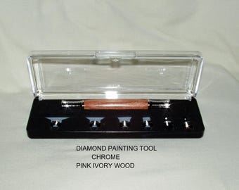 Diamond Painting Tool Set, Artisan Handcrafted Handle in Pink Ivory Wood, Chrome Trim, Square & Round Diamond Metal Tips, Storage Case