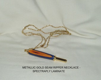 Seam Ripper Necklace, Artisan Handcrafted in Spectraply Laminate  Single Small Blade, Metallic Gold  Finish, Sewing, Quilting