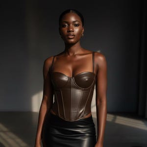 May include: A brown faux leather corset top with thin straps. The bustier features a structured design with vertical seams and a sweetheart neckline. The model is wearing a black skirt. The lighting highlights the texture and shape of the top.