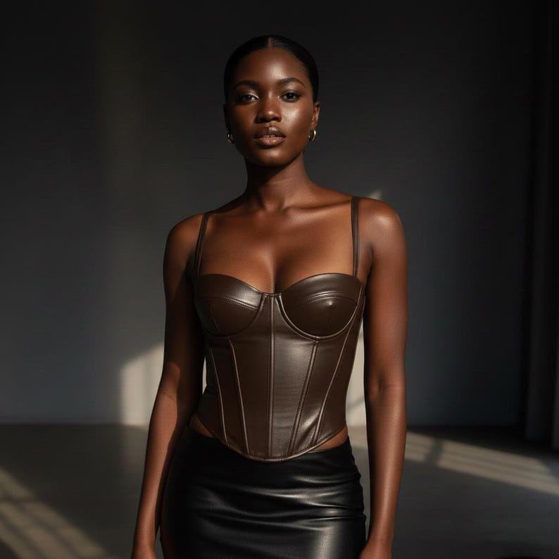 May include: A brown faux leather corset top with thin straps. The bustier features a structured design with vertical seams and a sweetheart neckline. The model is wearing a black skirt. The lighting highlights the texture and shape of the top.