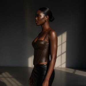 May include: A brown faux leather corset top with thin straps. The top has a structured bodice and a sweetheart neckline. The model is also wearing a black skirt. The lighting creates shadows and highlights the texture of the corset.