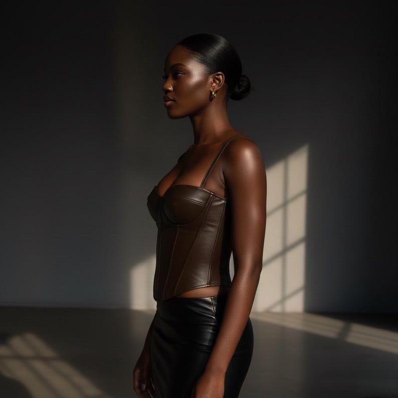 May include: A brown faux leather corset top with thin straps. The top has a structured bodice and a sweetheart neckline. The model is also wearing a black skirt. The lighting creates shadows and highlights the texture of the corset.
