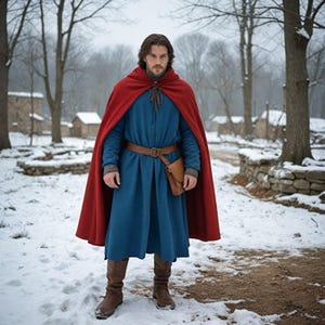 Medieval Blue Tunic with Red Cloak | Viking Warrior Men&#39;s Costume | Winter Renaissance Festival Attire | Historical Cosplay or LARP Outfit