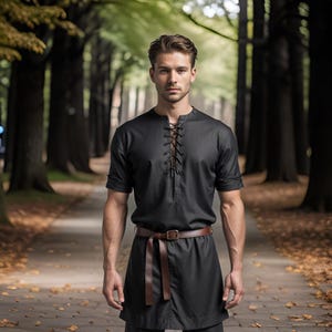 Viking Warrior Men&#39;s Tunic | Black Medieval Linen Shirt | Lace-Up Front Norse Historical Costume | Perfect for Halloween and LARP