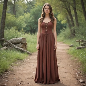 Brown Sleeveless Medieval Lace-Up Gown | Rustic Renaissance Peasant Dress | Cottagecore Festival Cosplay Attire | Historical Long Maxi Dress