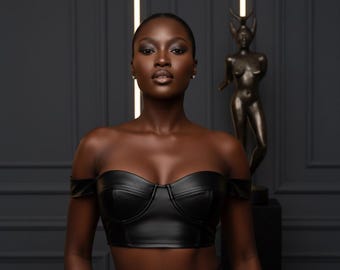 Women’s Black Genuine Leather Corset Top | Stylish Strapless Leather Top | Fashionable Leather Crop Top | Modern Bold Fashion Leather Corset