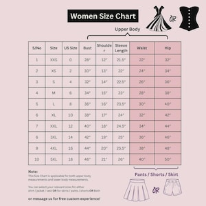 May include: A women's size chart with measurements for upper body, pants, shorts, and skirts. The chart includes bust, shoulder, sleeve length, waist, and hip measurements in inches, ranging from XXS to 5XL. The chart also includes illustrations of a dress, corset, skirt, and shorts.