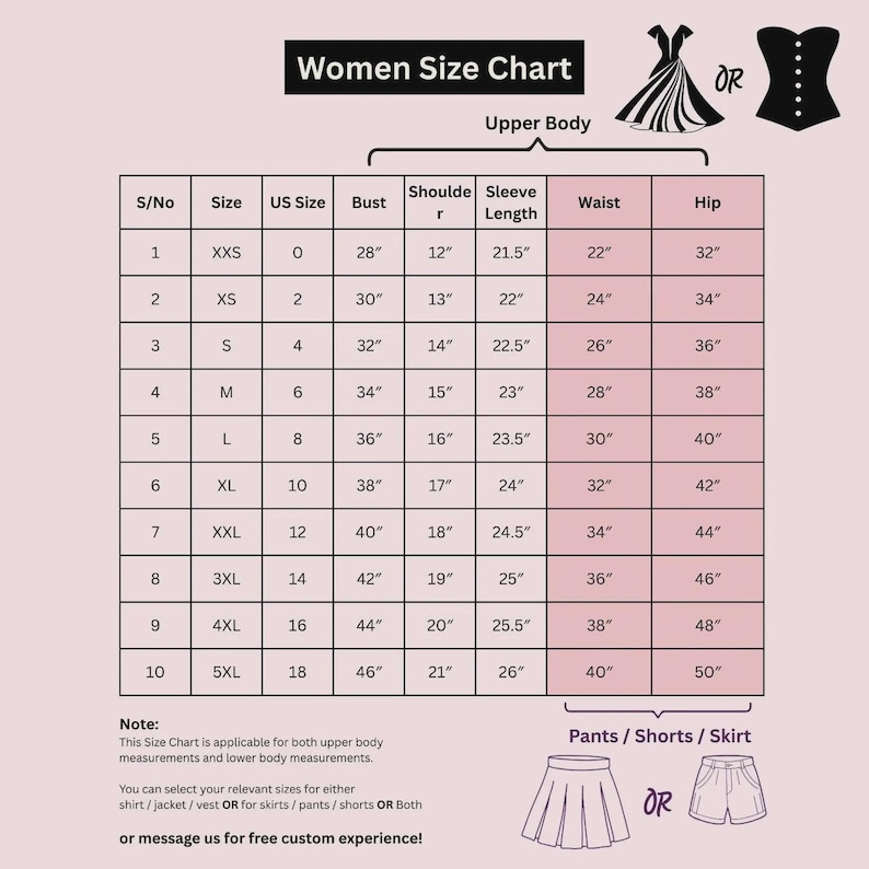 May include: A women's size chart with measurements for upper body, pants, shorts, and skirts. The chart includes bust, shoulder, sleeve length, waist, and hip measurements in inches, ranging from XXS to 5XL. The chart also includes illustrations of a dress, corset, skirt, and shorts.
