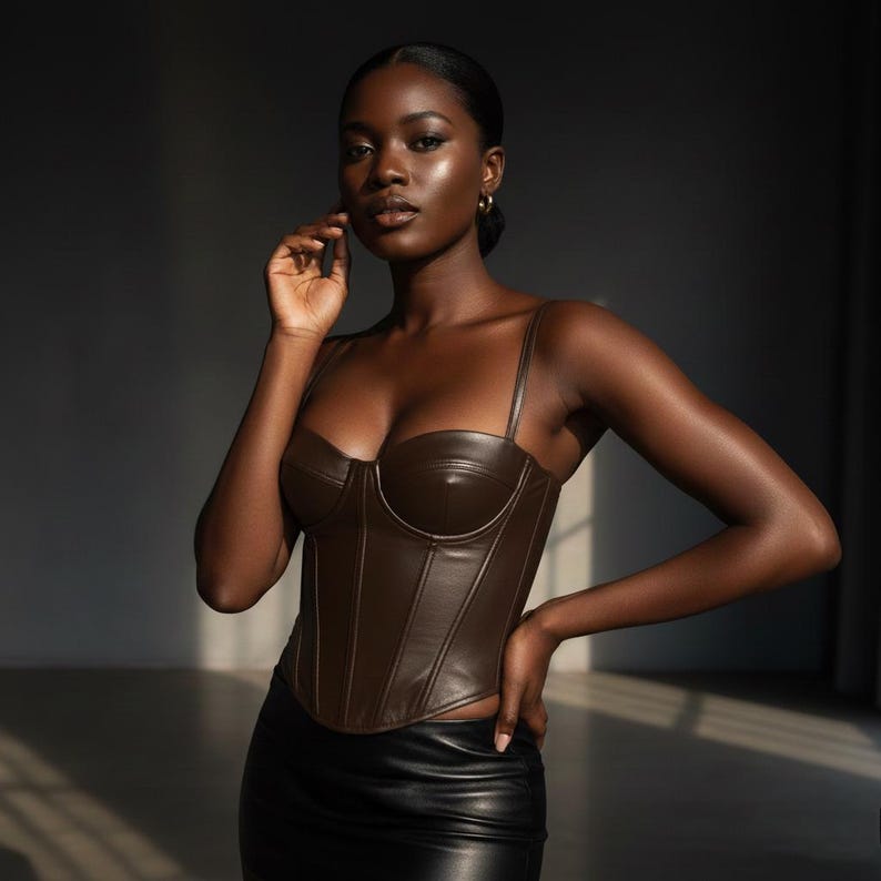 May include: A brown leather corset top with thin straps and a structured bodice. The top is paired with a black leather skirt. The model is posing in a studio setting with natural light.