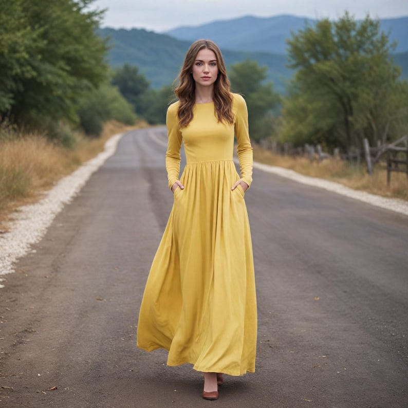 Simple Mustard Yellow Long Sleeve Maxi Dress for Women | Elegant Full ...
