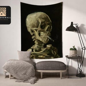 Skull Skeleton Canvas Art | Hanging Cloth Carpet Decor | Burning Cigarette Design | Living Room and Bedroom Accent | Housewarming Gift Idea