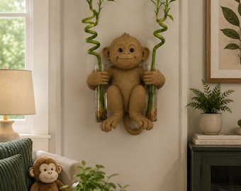 Monkey Wall Propagation Planter with 2 Glass Vases | Lucky Bamboo Holder | Cute Animal Wall Decor | Handmade Resin Eyes | Plant Prop Station