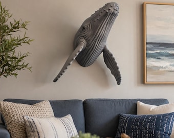 Humpback Whale Wall Mount 21" Coastal Ocean Decor with Realistic Eyes | Beach House Whale Wall Art | Marine Life Display