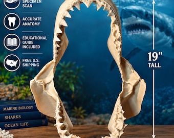 May include: A beige, bone-colored replica of a juvenile great white shark jaw, Carcharodon carcharias, mounted on a black base. The jaw is in a fixed wide-open position, measuring 19 inches tall and 15 inches wide, with visible sharp teeth.