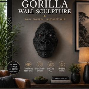 Gorillaväggskulptur | 14" gorillahuvudväggkonst med handgjorda hartsögon | Dekor av vilda djur | apakonst primatkonst