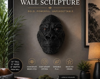 Gorilla Wall Sculpture | 14" Gorilla Head Wall Art with Handmade Resin Eyes | Wildlife Décor | ape art primate art