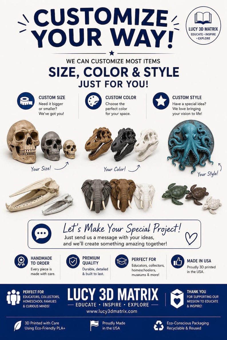 May include: A promotional graphic for Lucy 3D Matrix featuring text that reads CUSTOMIZE YOUR WAY and displays various 3D printed models including skulls, dinosaur fossils, an octopus, elephant heads, and sea turtles in different colors and sizes.