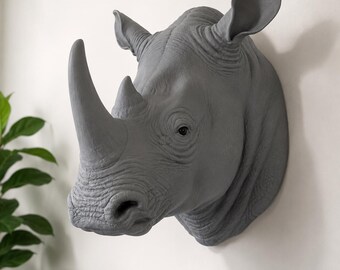 Rhino Head Wall Mount | Rhinoceros Wall Decor | Wildlife Wall Art | African Safari Decor | Handmade Resin Eyes | Rhino Bust