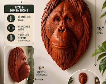Orangutan Wall Art | 16" 3D Printed Orangutan Head | Handmade Resin Eyes | Wildlife Wall Decor | Jungle Decor | Great Apes