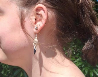 May include: A dangling earring featuring a small, off-white bird skull with a pointed beak that is dipped in black at the tip. The skull is attached to a silver-toned metal hook that hangs from the earlobe, showcasing a detailed bone texture.