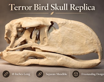 May include: A beige Terror Bird Skull Replica featuring a large, curved beak and hollow eye socket. The text reads Terror Bird Skull Replica, 18 Inches Long, Separate Mandible, and Freestanding Design. The skull is shown in profile view.