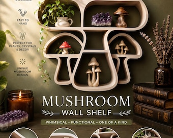 Mushroom Wall Shelf – Cottagecore Decor | Crystal Display Shelf | Witchy Wall Organizer | Boho Mushroom Shelf | Fairycore Room Decor