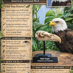 May include: A bald eagle skull replica mounted on a black stand with a rectangular base. The display includes educational text, a photograph of a bald eagle, and a small skull model, all presented on a textured background with green foliage.