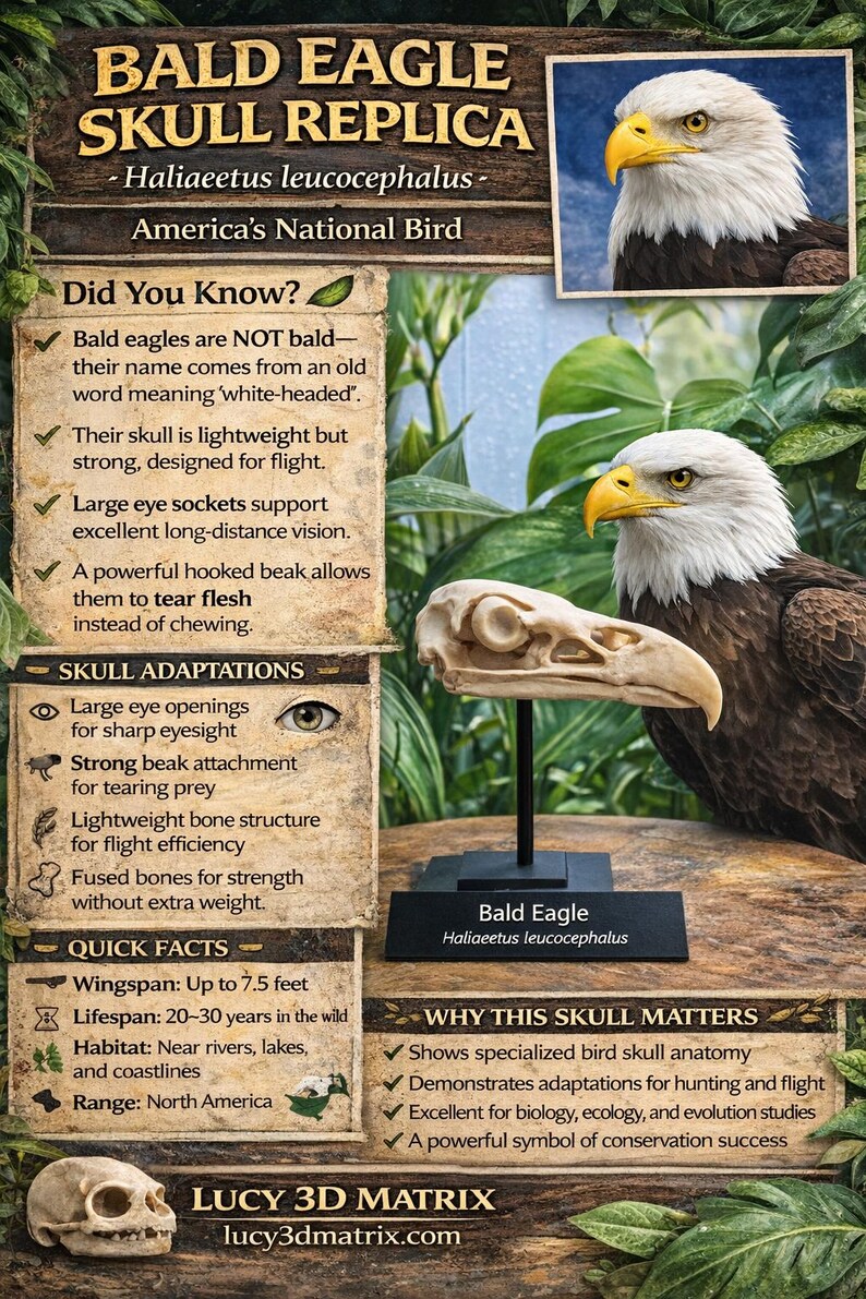 May include: A bald eagle skull replica mounted on a black stand with a rectangular base. The display includes educational text, a photograph of a bald eagle, and a small skull model, all presented on a textured background with green foliage.