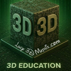 May include: A dark green cube with a complex circuit-like texture on its faces, featuring the raised text 3D 3D on the front. The cube sits on a square base with the text Lucy 3D Matrix.com written in white, and the text 3D EDUCATION below it.