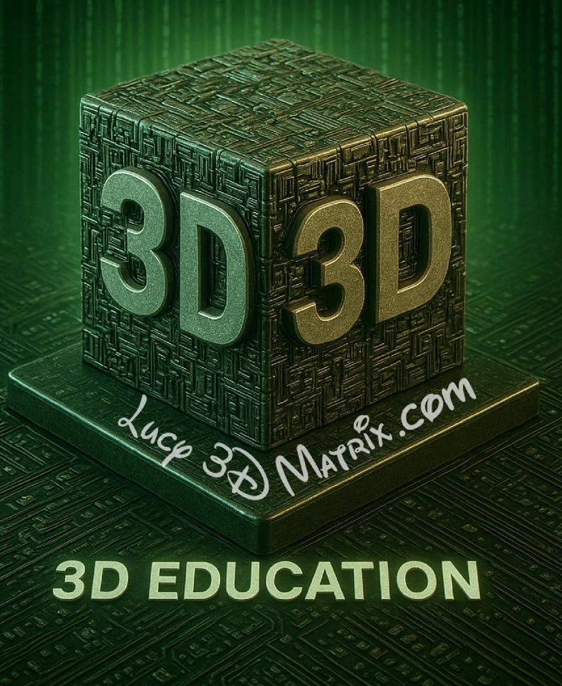 May include: A dark green cube with a complex circuit-like texture on its faces, featuring the raised text 3D 3D on the front. The cube sits on a square base with the text Lucy 3D Matrix.com written in white, and the text 3D EDUCATION below it.