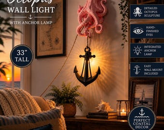 Octopus Wall Light with Anchor Lamp | Coastal Nautical Decor, Beach House Statement Piece