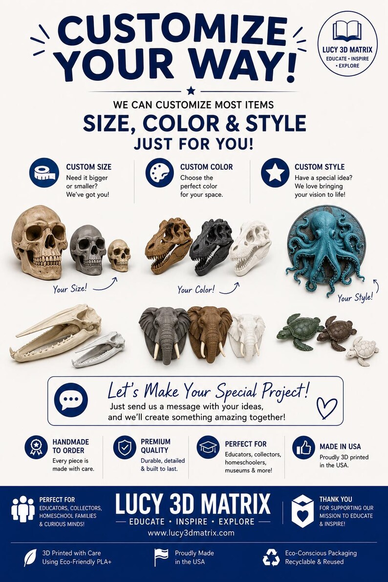 May include: A promotional graphic for Lucy 3D Matrix featuring text that reads CUSTOMIZE YOUR WAY and displays various 3D printed models including skulls, dinosaur fossils, an octopus, elephant heads, and sea turtles in different colors and sizes.