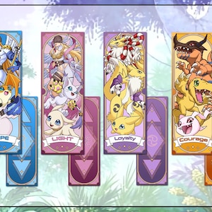 May include: Set of four illustrated bookmarks featuring characters from a popular animated series. Each bookmark has a different color scheme and features a character with a word at the bottom: Hope, Light, Loyalty, and Courage. The bookmarks are rectangular with a decorative border.