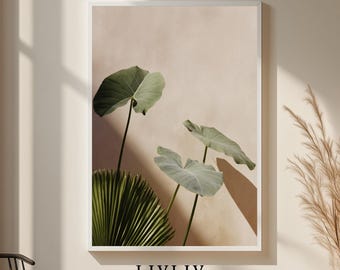 Poster med tropiska löv i solljus | Medelhavsväggkonst | Vardagsrums- och sovrumsinredning | Med eller utan ram