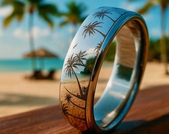 Paradise Titanium Ring – Custom Laser Engraved Palm Tree & Ocean Wedding Band