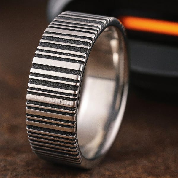 Laser Engraved Barcode Pattern on Titanium Ring