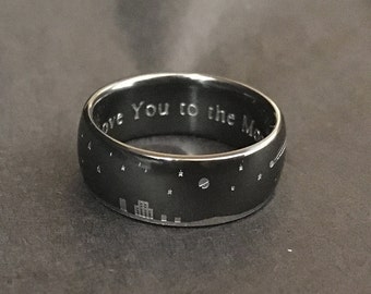 Black Zirconium Nightscape, Love You to the Moon and Back engraved Ring