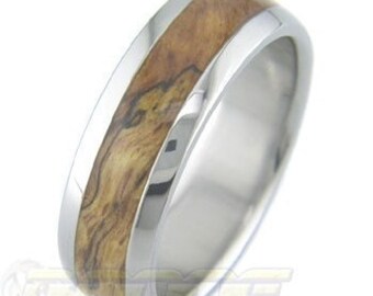 Titanium with Red Oak Burl inlay; wood inlay ring