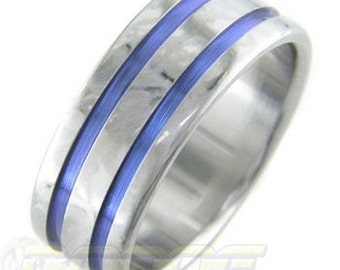 Twin Blue Grooves Titanium ring