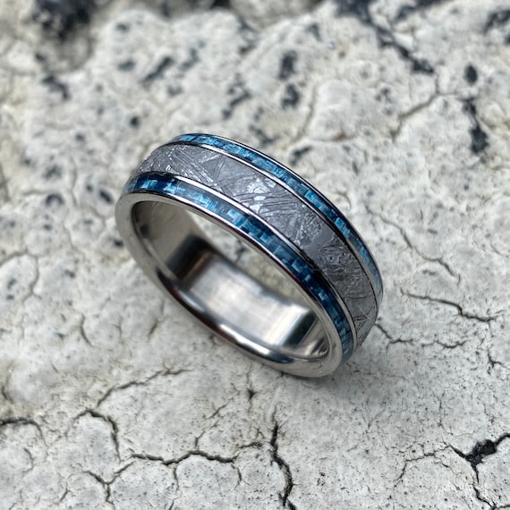 Meteorite Ring With Twin Blue Carbon Fiber Etsy UK