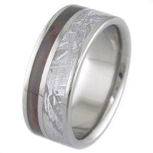 Offset meteorite and wood Inlays Titanium ring