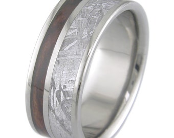 Offset meteorite and wood Inlays Titanium ring