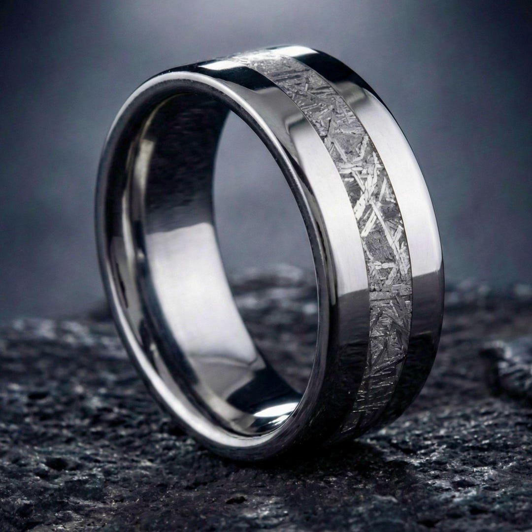 Titanium Graphite Ring Titanium Ring With Meteorite - Flat Profile - Etsy