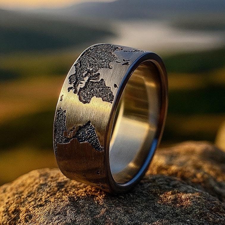 World Map Titanium Ring – Custom Laser Engraved Travel Wedding Band & Gift
