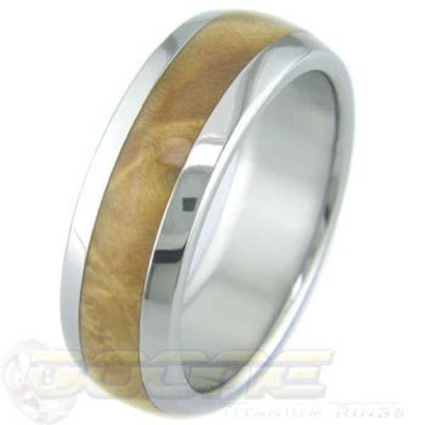 Titanium with Box Elder Burl inlay; wood inlay ring