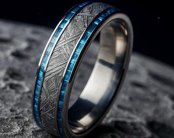 Gibeon Meteorite & Blue Carbon Fiber Titanium Ring - Unique Wedding Band
